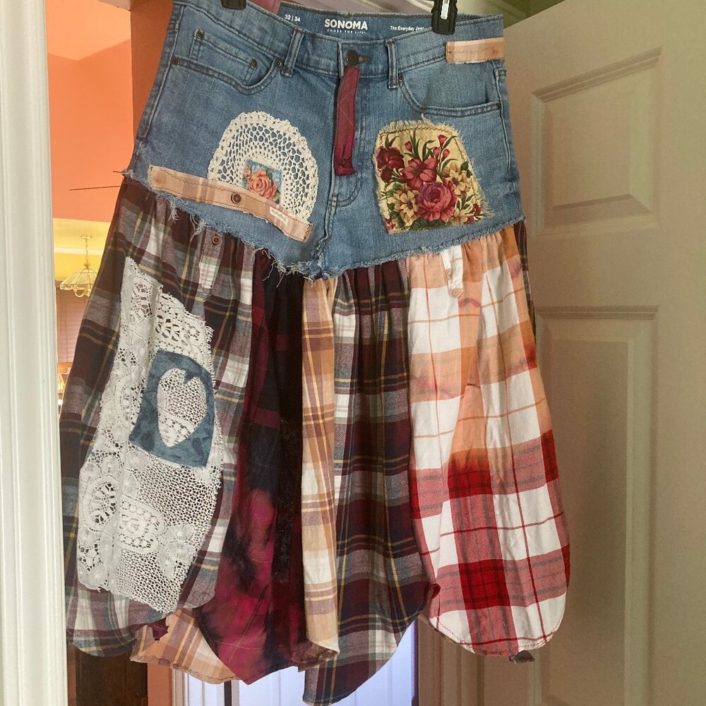 Sonoma Asymmetrical Patchwork Skirt - Denim and Plaid